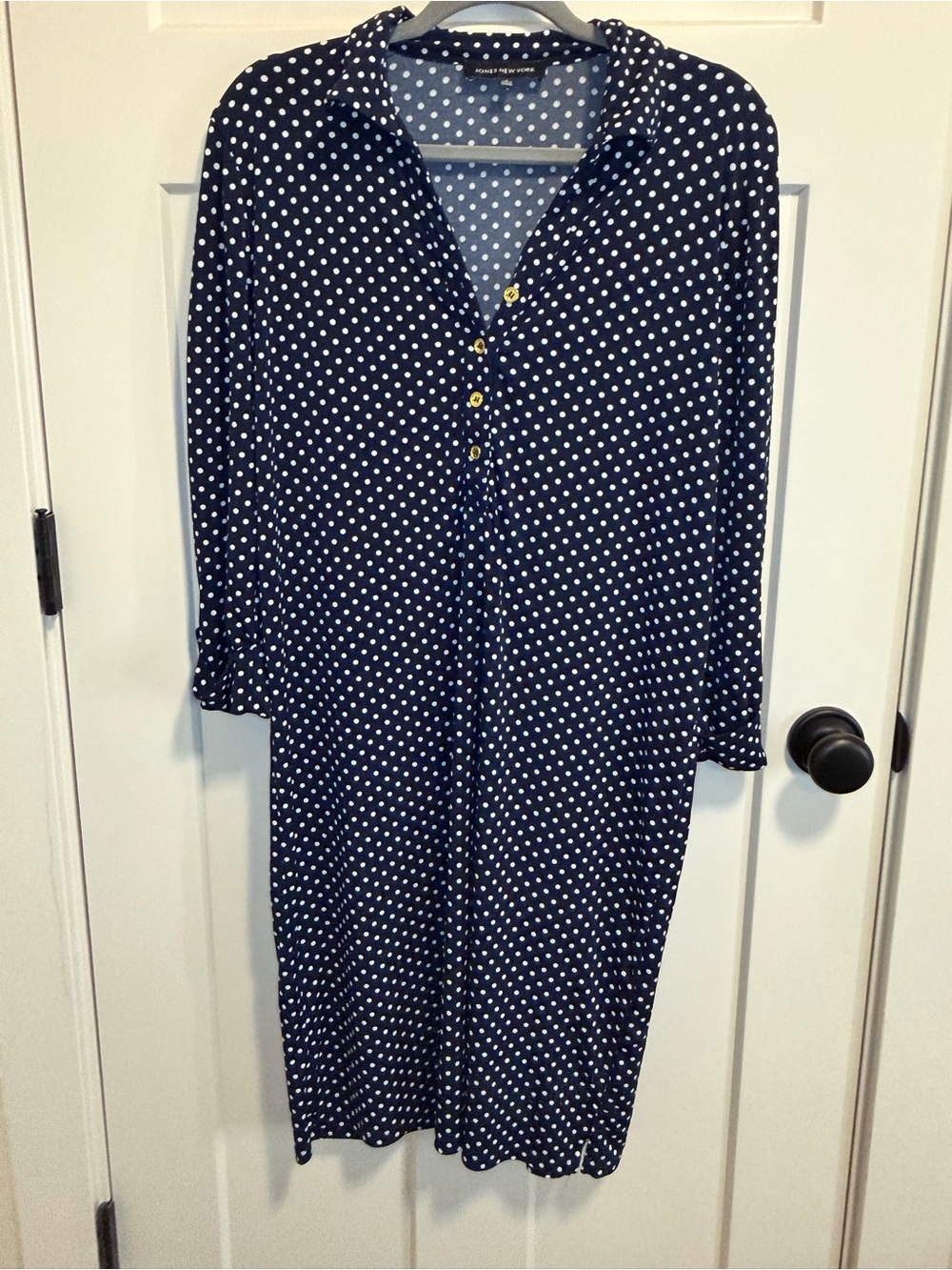 Jones New York Polka Dot Navy Shirt Dress with Gold Buttons Size Large